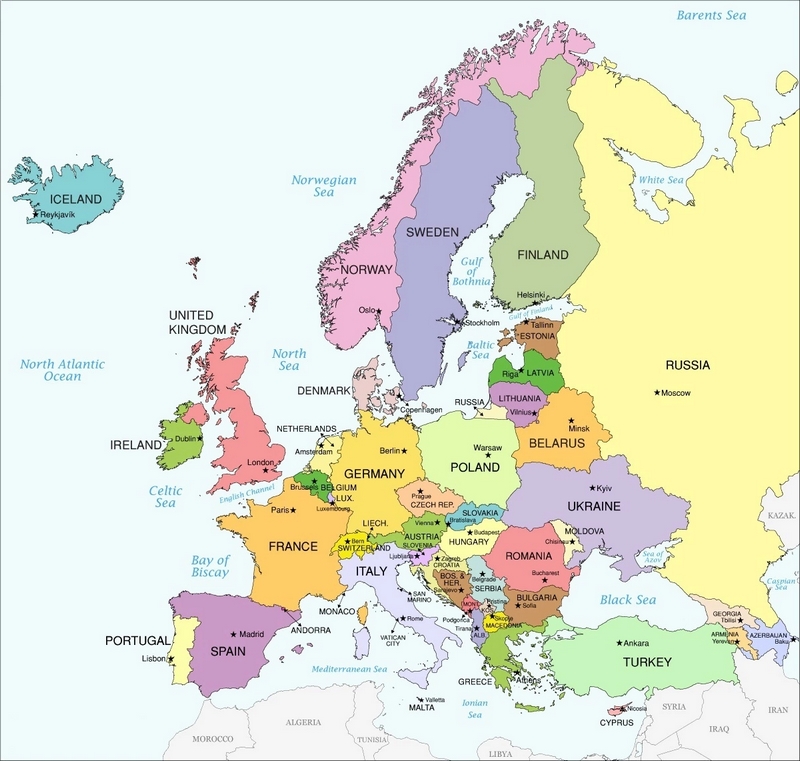 Cartina geografica dell'Europa - Mappa delle Nazioni Europee - Carta Map of Europe
