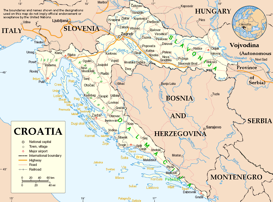 Cartina geografica della Croazia. Map of Croatia - carta o mappa. La capitale  Zagabria