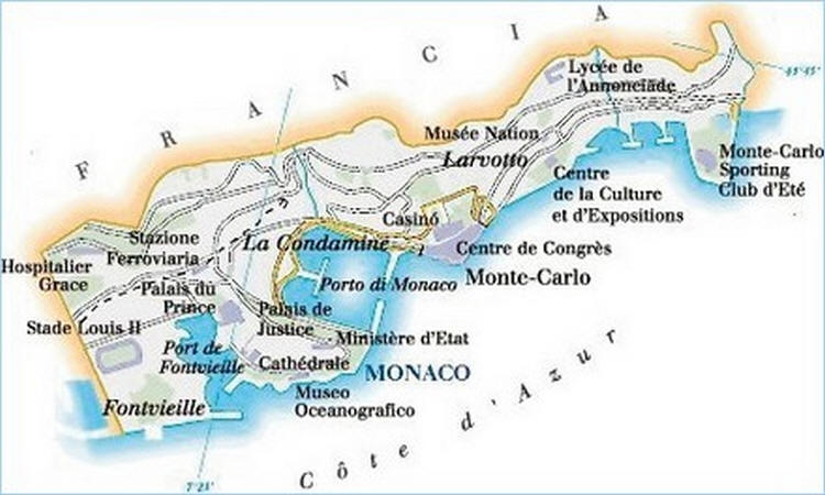Cartina geografica del Principato di Monaco - Mappa - Carta o Map of the principality of Monaco