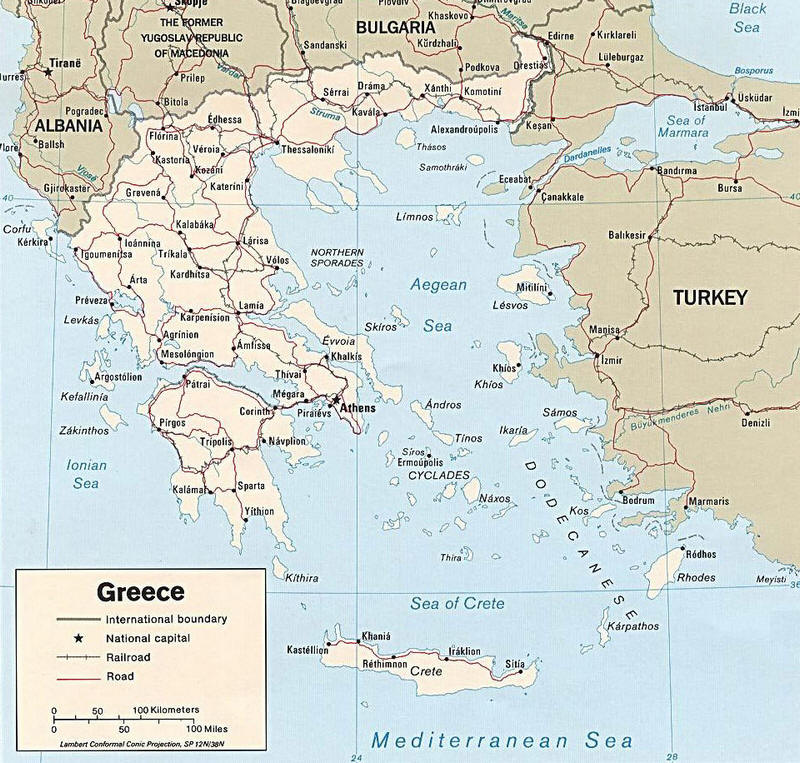Cartina geografica della Grecia. Map of Greece - carta o mappa. La capitale � Atene