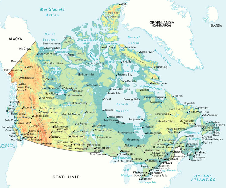 Cartina geografica del Canada. Mappa Geografical map of Canada