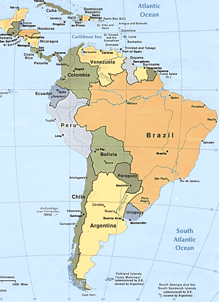 Cartina geografica dell'America meridionale Mappa - Carta. Map of south america