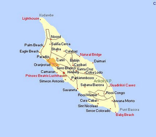 Cartina geografica dell'Isola di Aruba nel mar dei caraibi Mappa - Carta. Map of island of Aruba