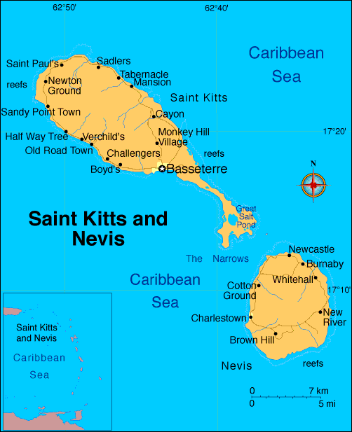 Cartina geografica mappa islands Saint Kitts and Nevis - Carta capitale Basseterre