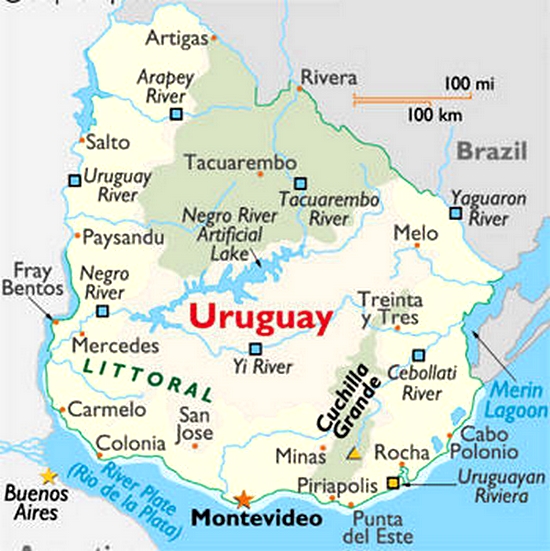 Cartina geografica mappa Uruguay - Carta capitale Montevideo